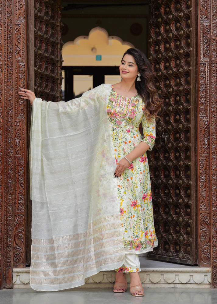 ARCHITA YELLOW COTTON EMBROIDERED ANARKALI SET