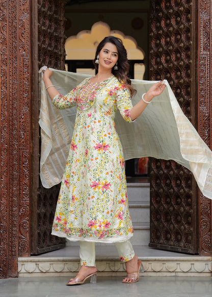 ARCHITA YELLOW COTTON EMBROIDERED ANARKALI SET