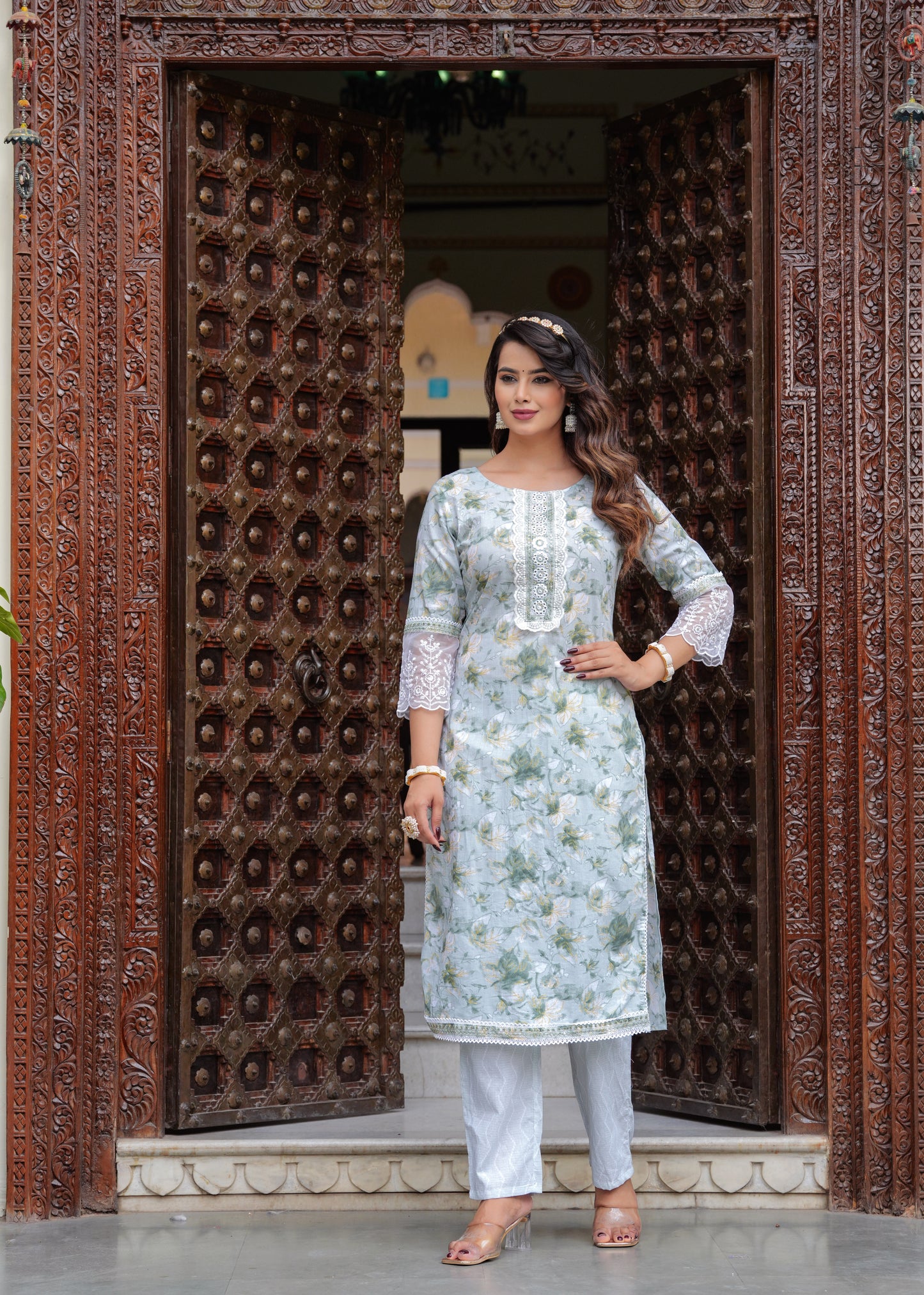 TESSA GREENISH COTTON STRAIGHT KURTA SET