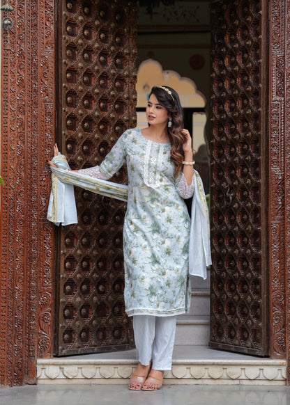 TESSA GREENISH COTTON STRAIGHT KURTA SET