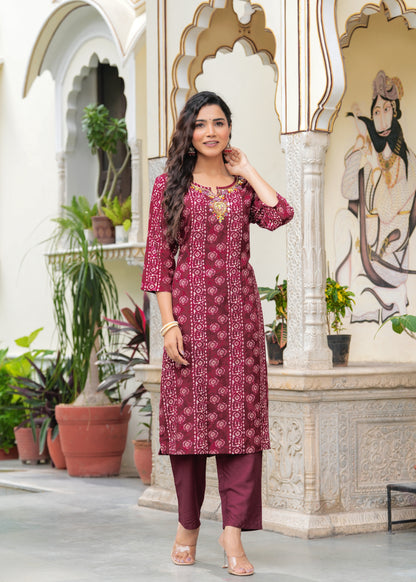 Foil print hand work kurta set