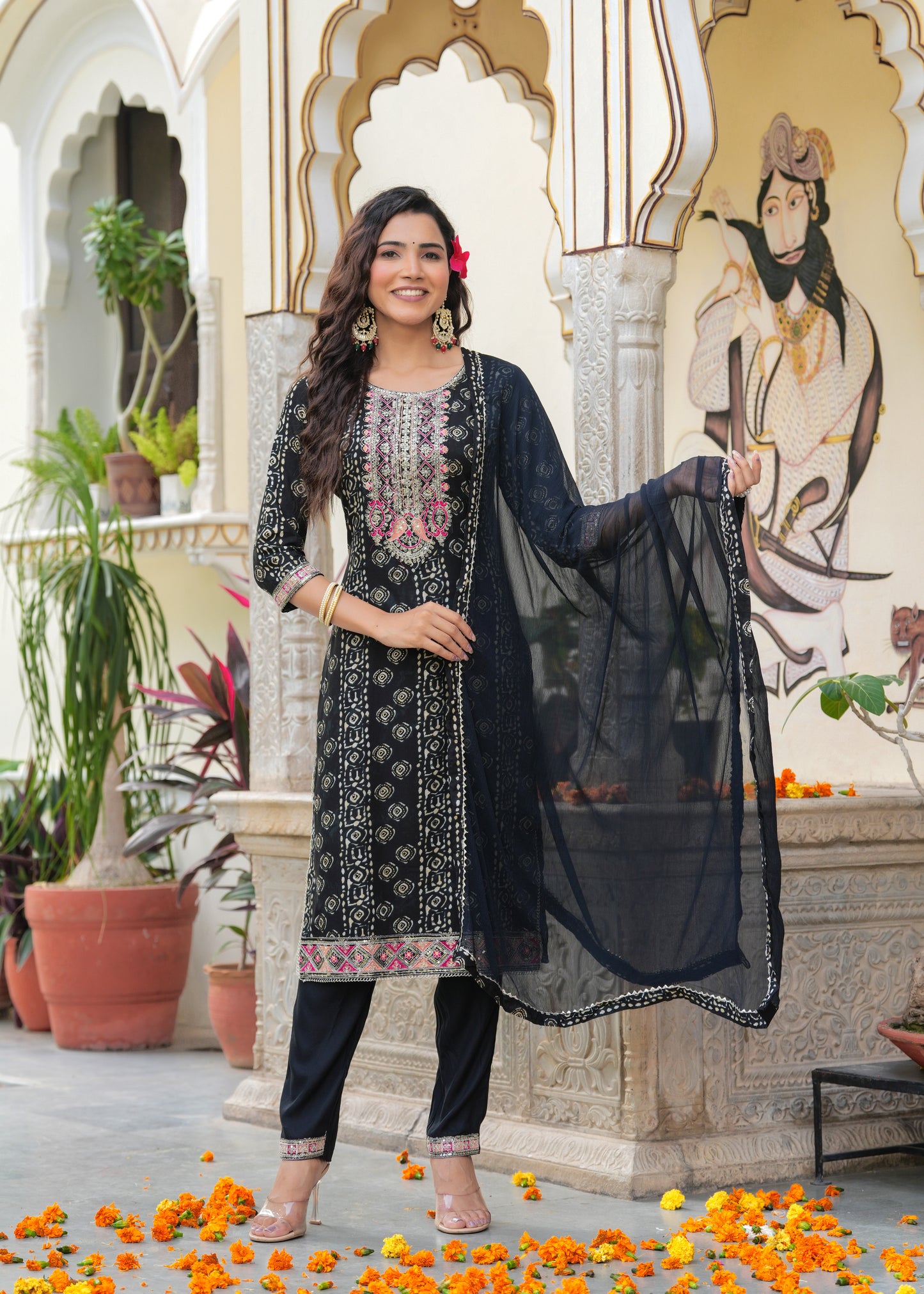 Foil print thread Embroidery kurta set