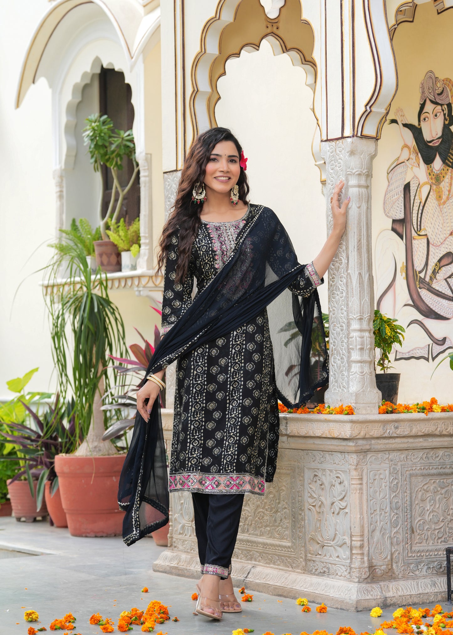 Foil print thread Embroidery kurta set