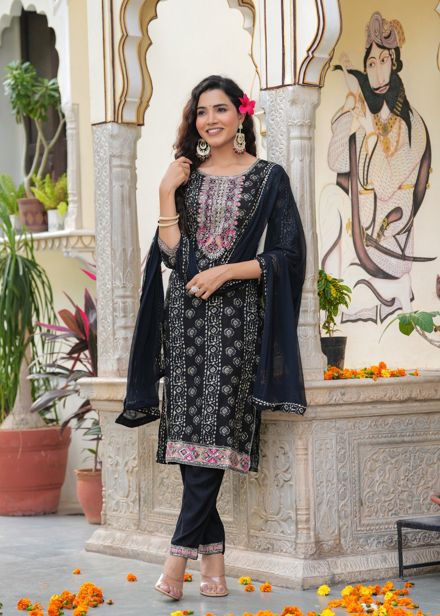 Foil print thread Embroidery kurta set