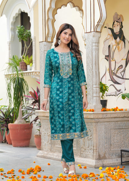 Foil print thread Embroidery kurta set