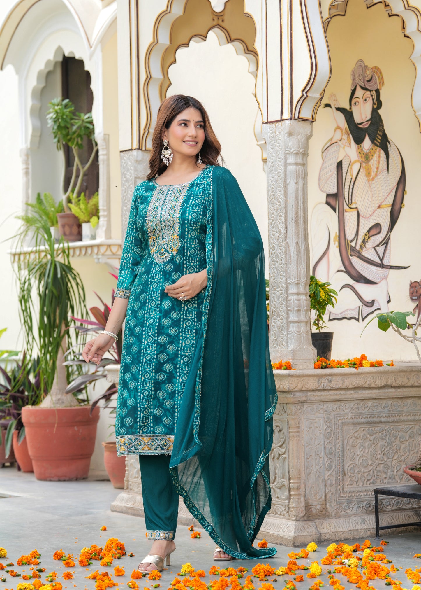 Foil print thread Embroidery kurta set