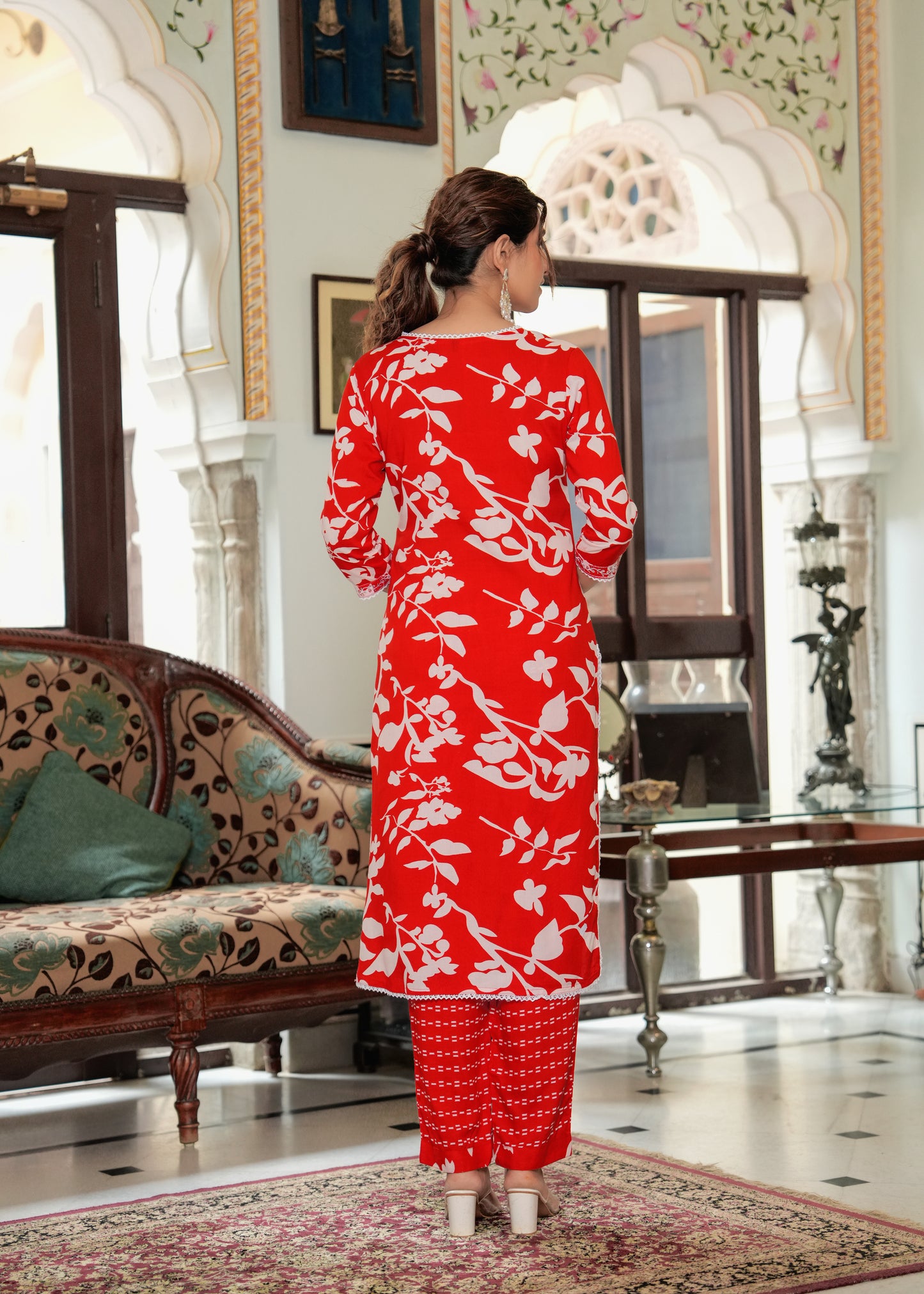 Red Casual Abstract floral print kurta set with printed pants