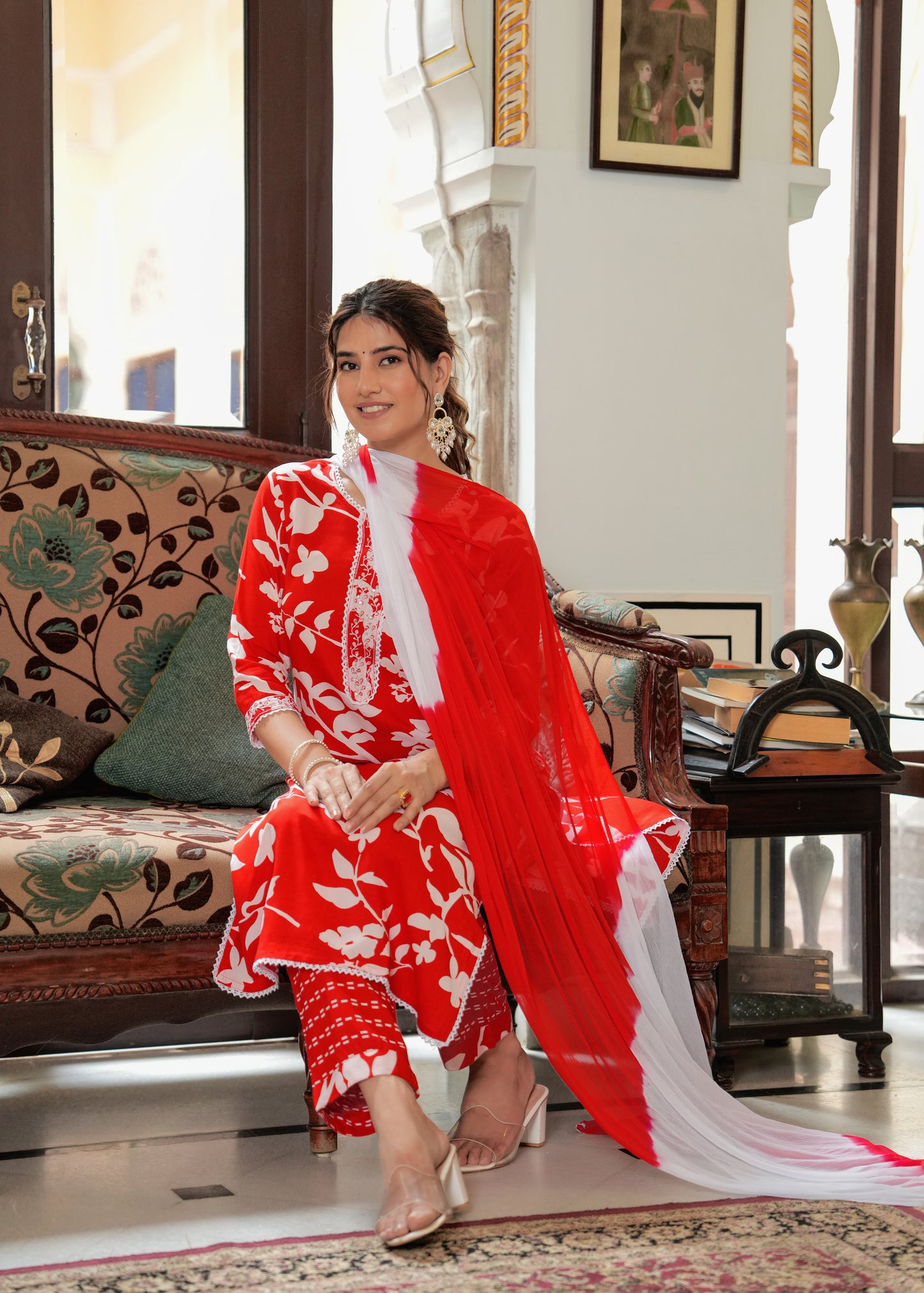 Red Casual Abstract floral print kurta set with printed pants