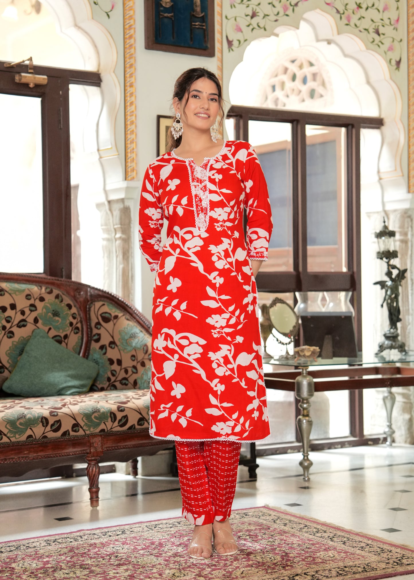 Red Casual Abstract floral print kurta set with printed pants