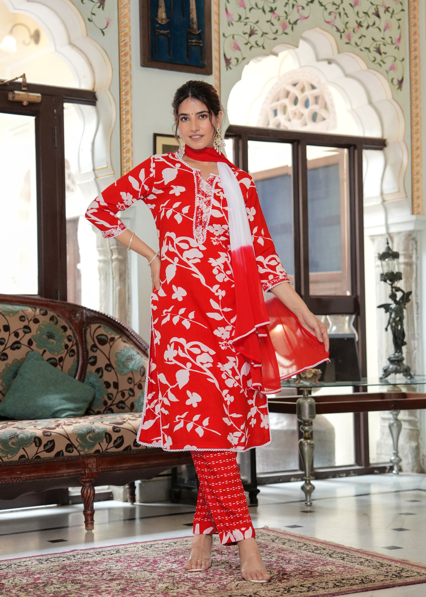 Red Casual Abstract floral print kurta set with printed pants