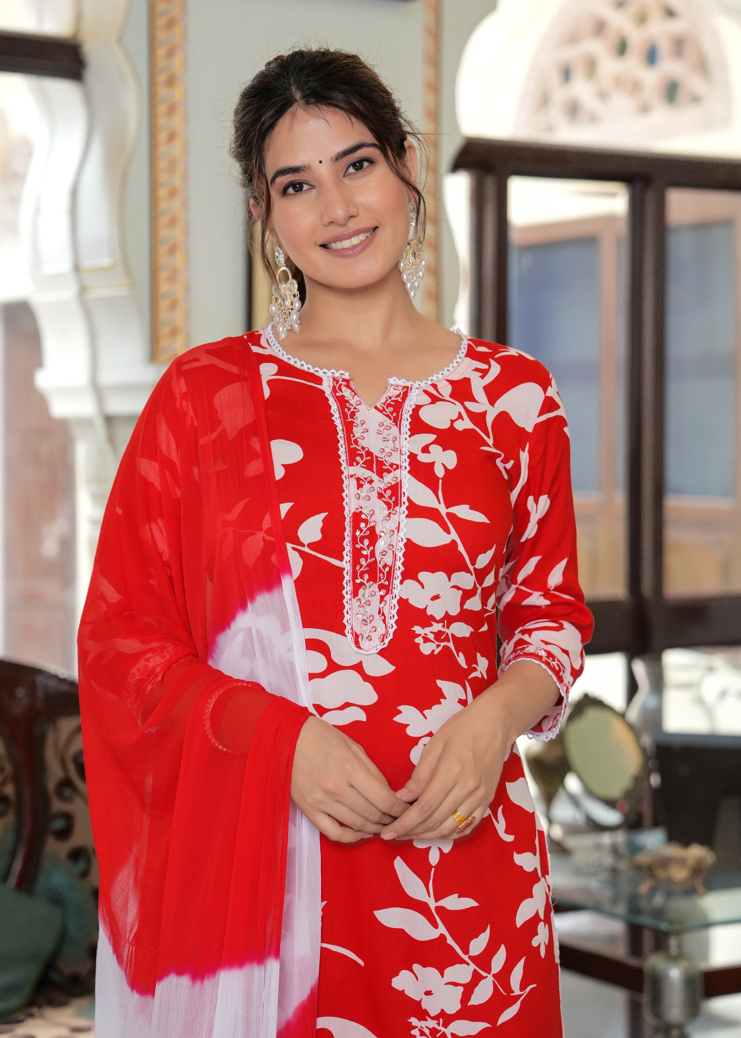 Red Casual Abstract floral print kurta set with printed pants