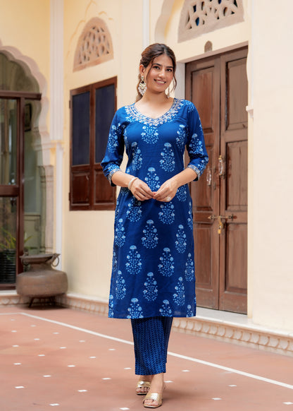 Indigo cotton printed  Embroidery kurta set