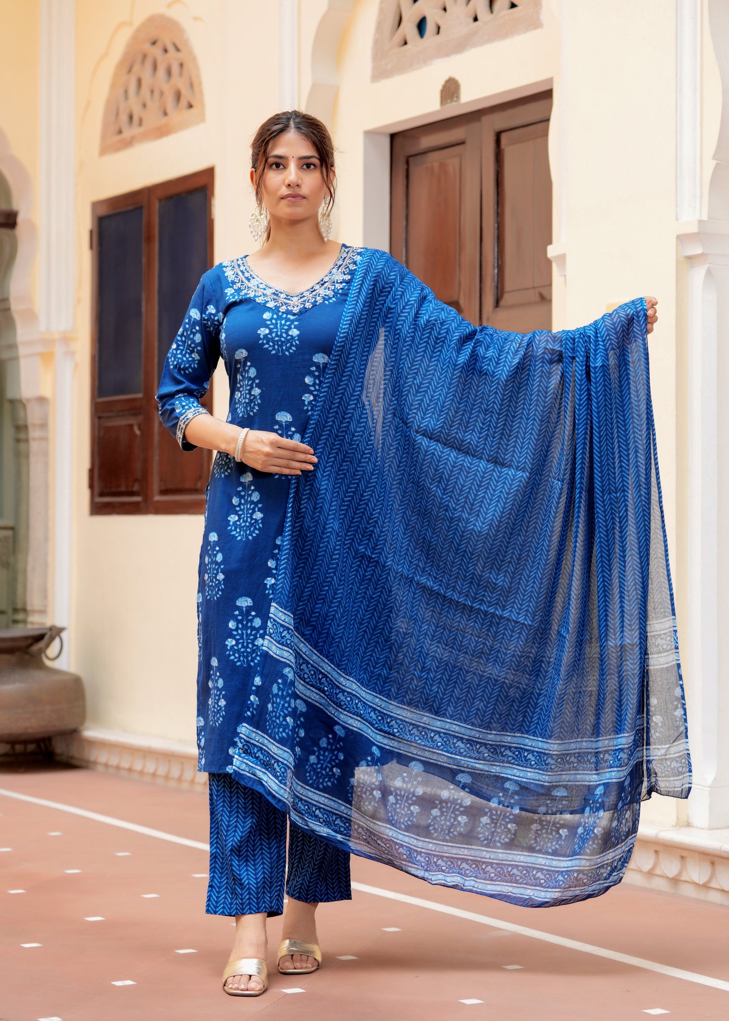 Indigo cotton printed  Embroidery kurta set