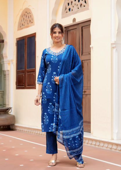 Indigo cotton printed  Embroidery kurta set