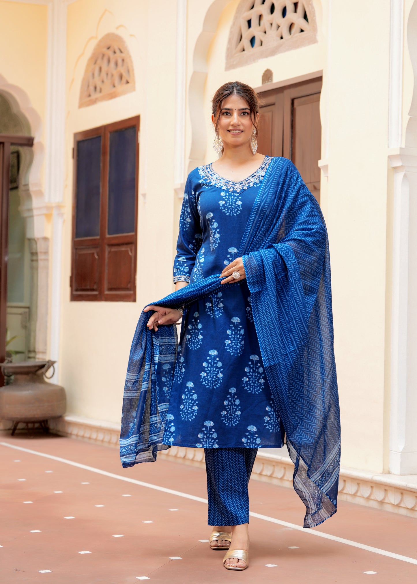 Indigo cotton printed  Embroidery kurta set