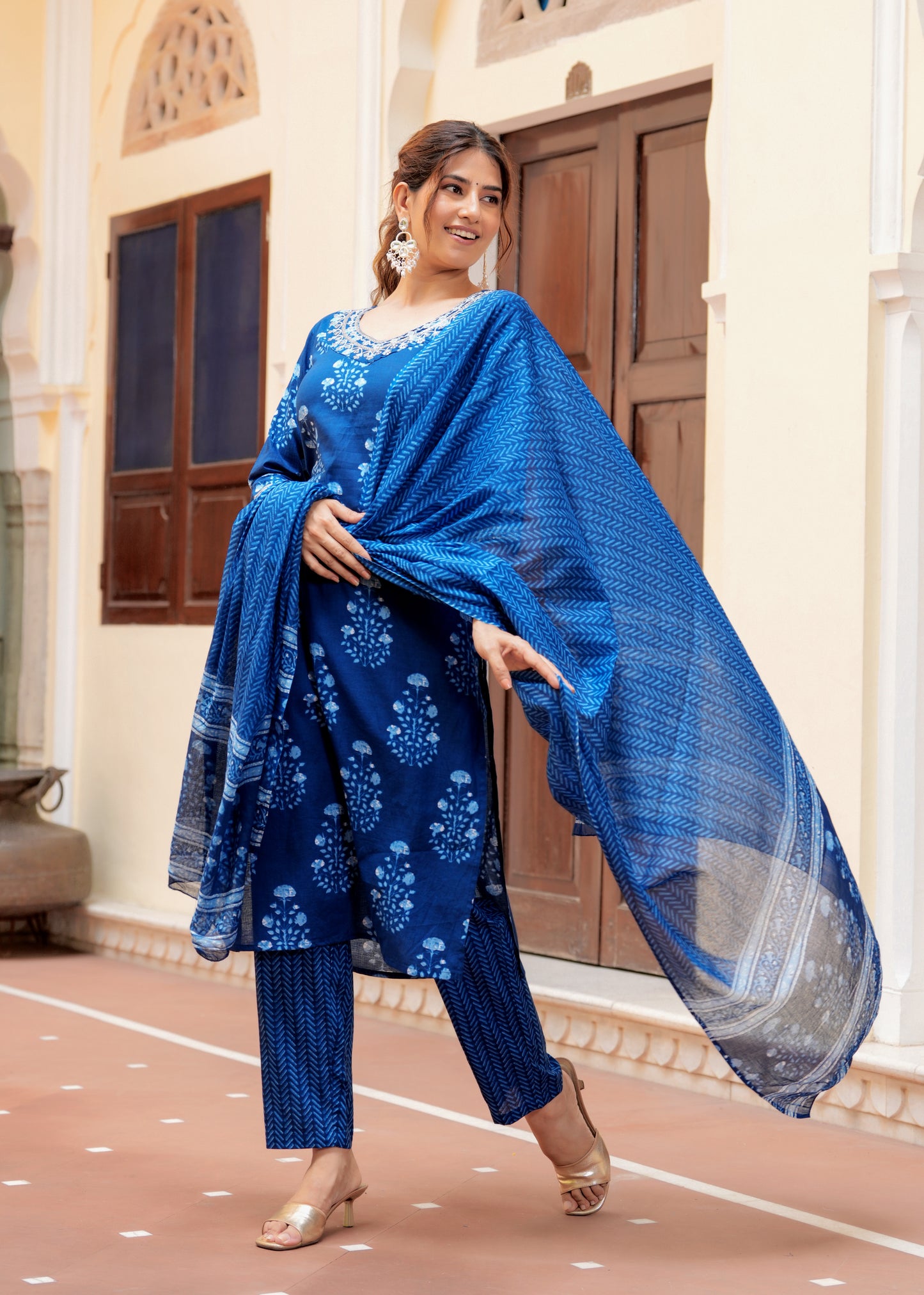 Indigo cotton printed  Embroidery kurta set