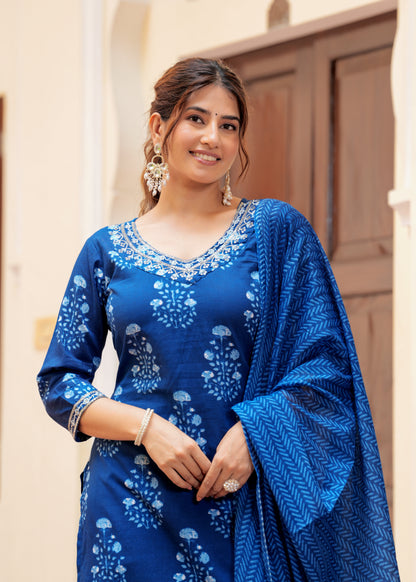 Indigo cotton printed  Embroidery kurta set