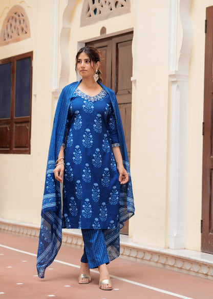 Indigo cotton printed  Embroidery kurta set