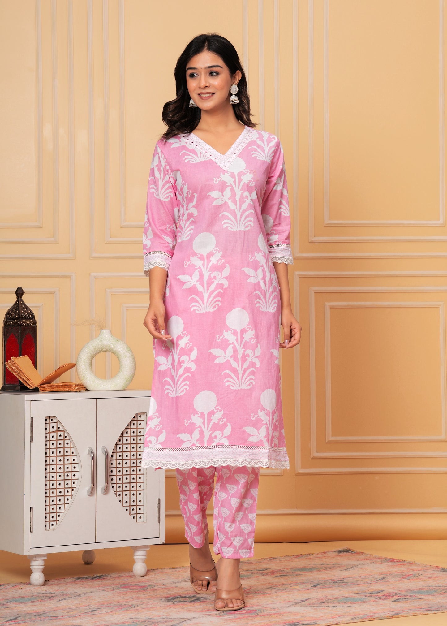 BREEZY PINK COTTON STRAIGHT KURTA SET