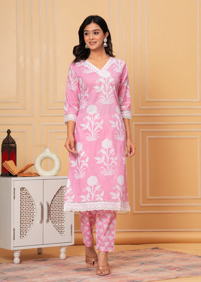 BREEZY PINK COTTON STRAIGHT KURTA SET