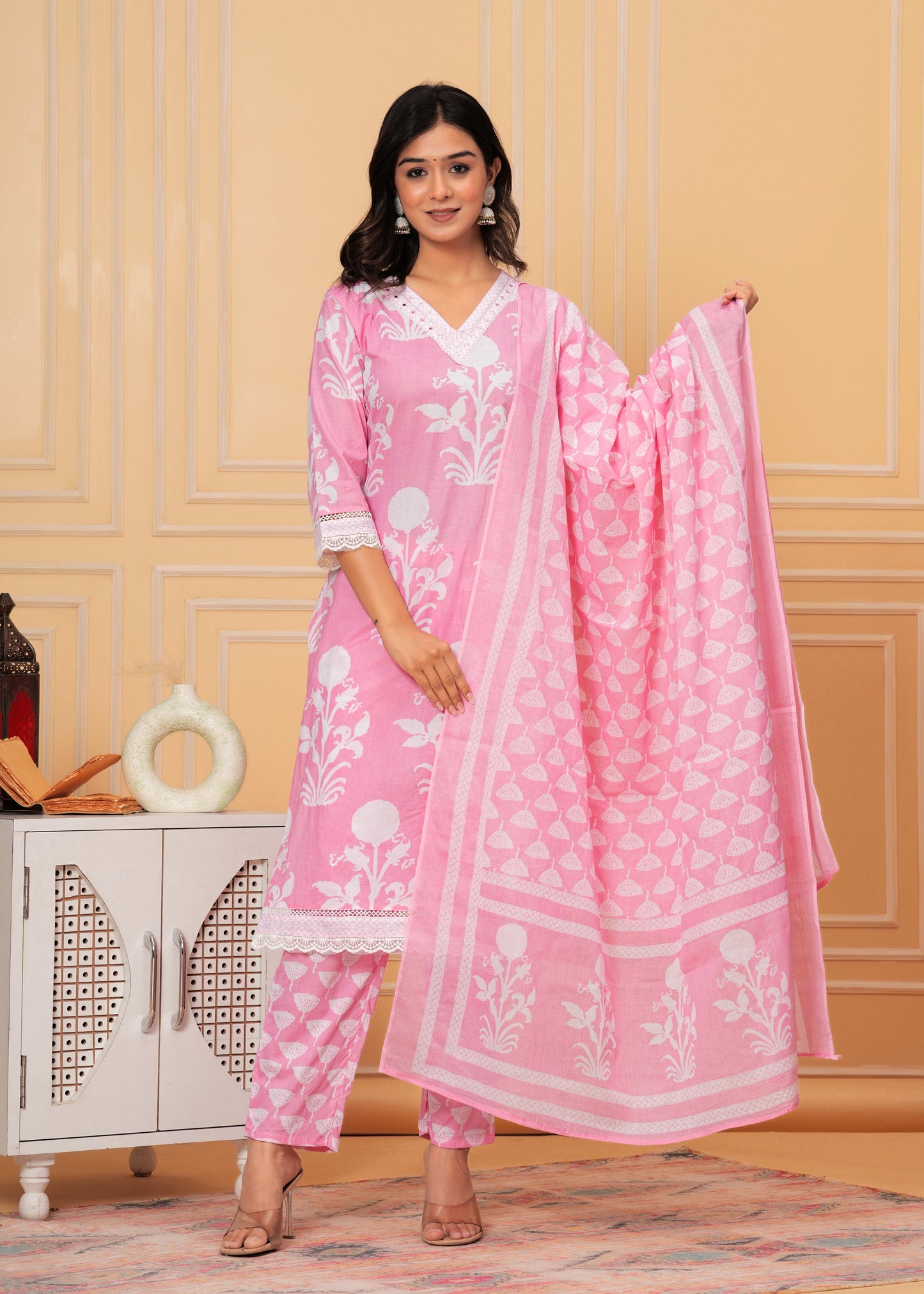 BREEZY PINK COTTON STRAIGHT KURTA SET