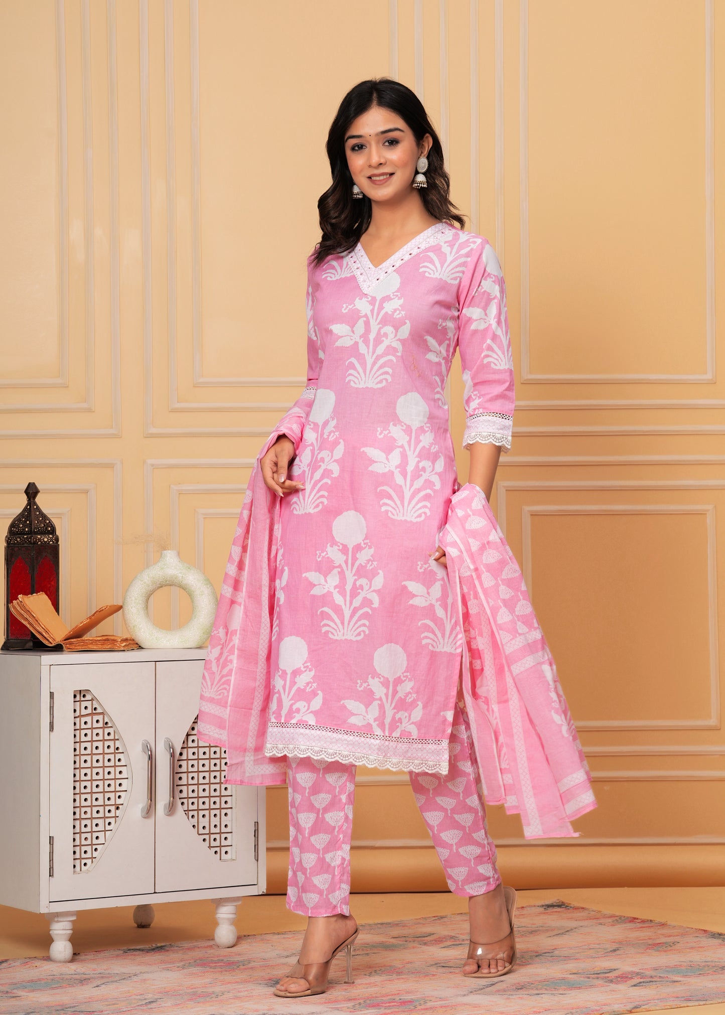 BREEZY PINK COTTON STRAIGHT KURTA SET