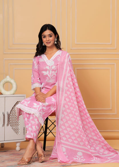 BREEZY PINK COTTON STRAIGHT KURTA SET