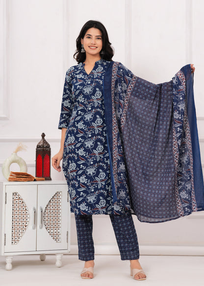 SAMPAVI BLUE COTTON ANGARKHA KURTA SET