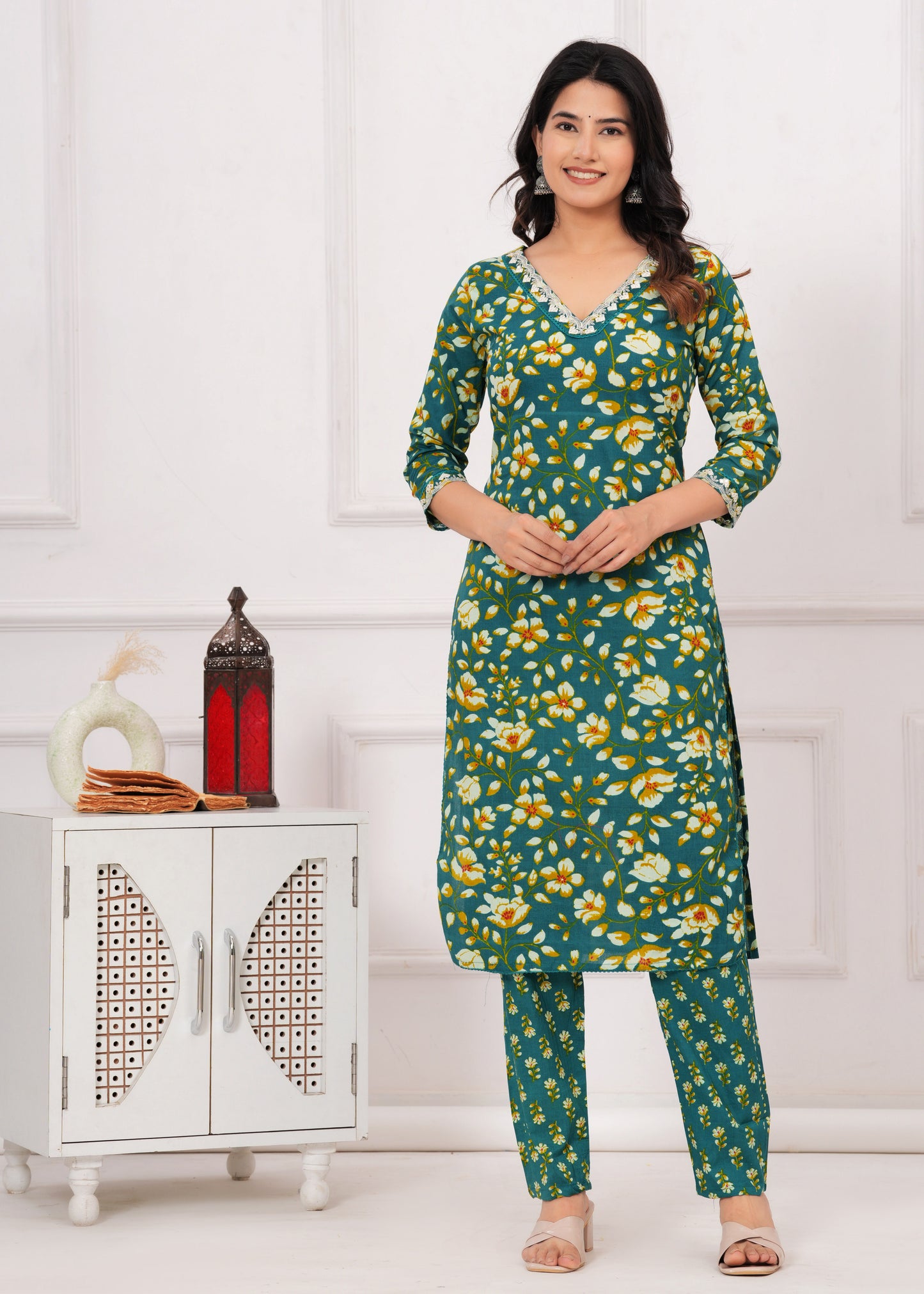 FOREST GREEN COTTON STRAIGHT KURTA SET