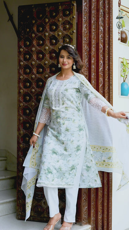 TESSA GREENISH COTTON STRAIGHT KURTA SET