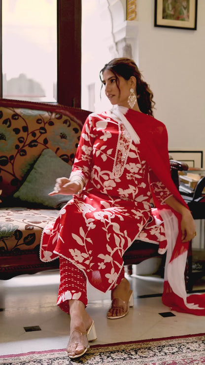 Red Casual Abstract floral print kurta set with printed pants